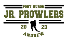 Load image into Gallery viewer, Striped Silhouette Player Mascot Hockey Customizable Shirt