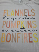 Load image into Gallery viewer, Flannels Hayrides Pumpkins Sweaters Bonfires