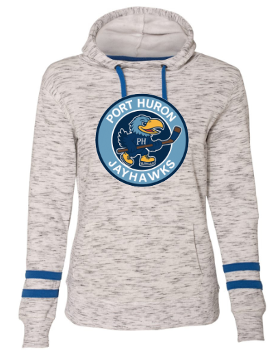 Port Huron Jayhawks Womens Melange Fleece Striped Sleeves Hooded Sweatshirt