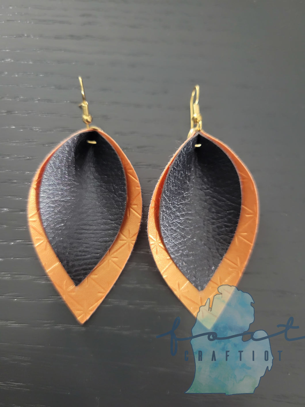 Orange Patterned and Black Pinched Earrings